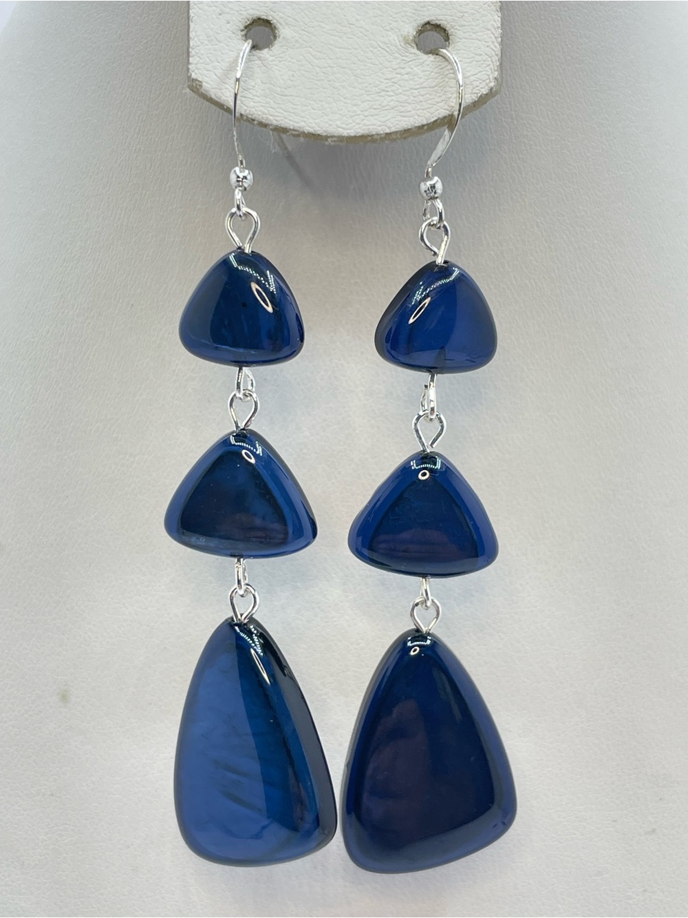 Silver Tone Navy Blue Acrylic Tiered Dangle Earrings Statement